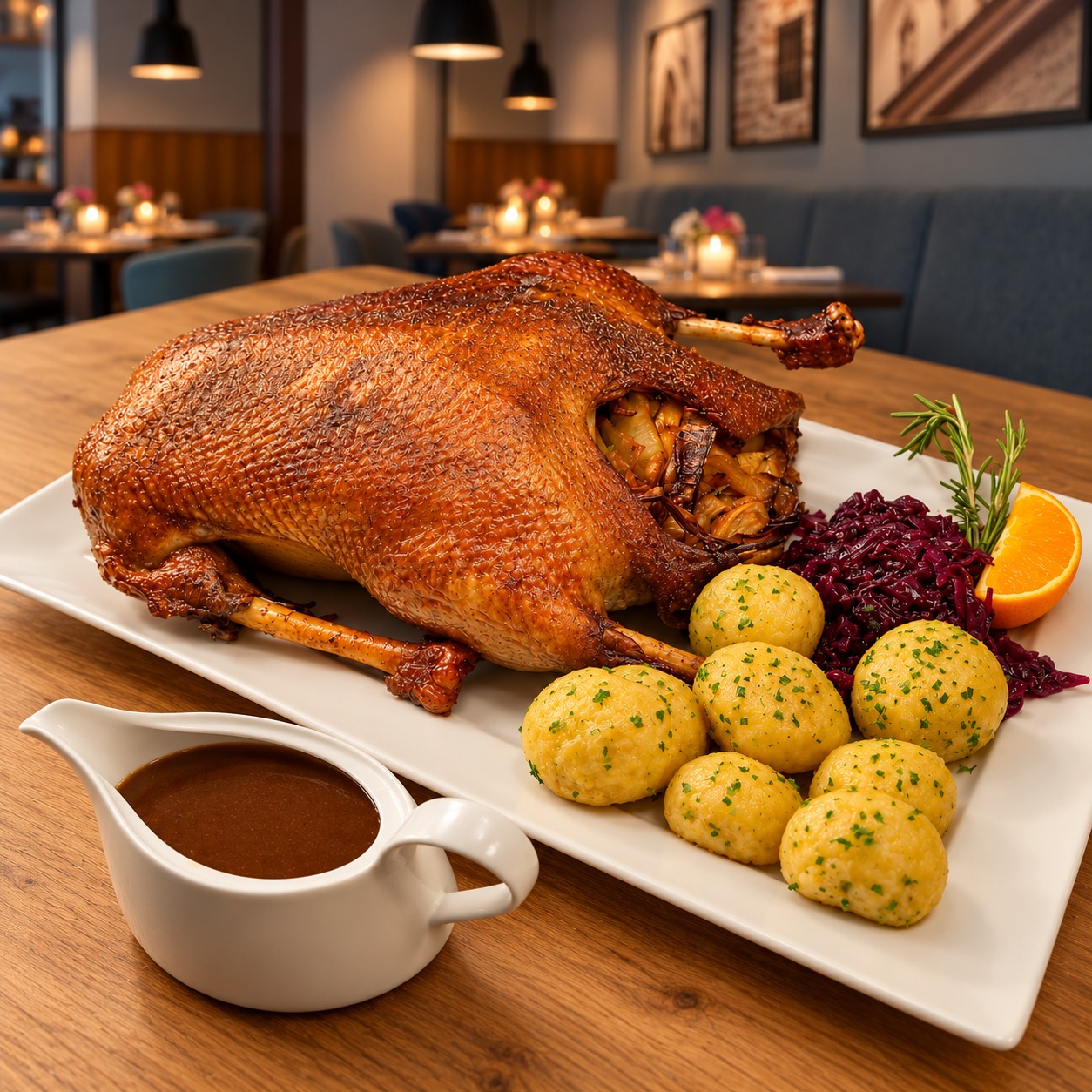Ganze Gans mit Beilagen (für 4 Personen)